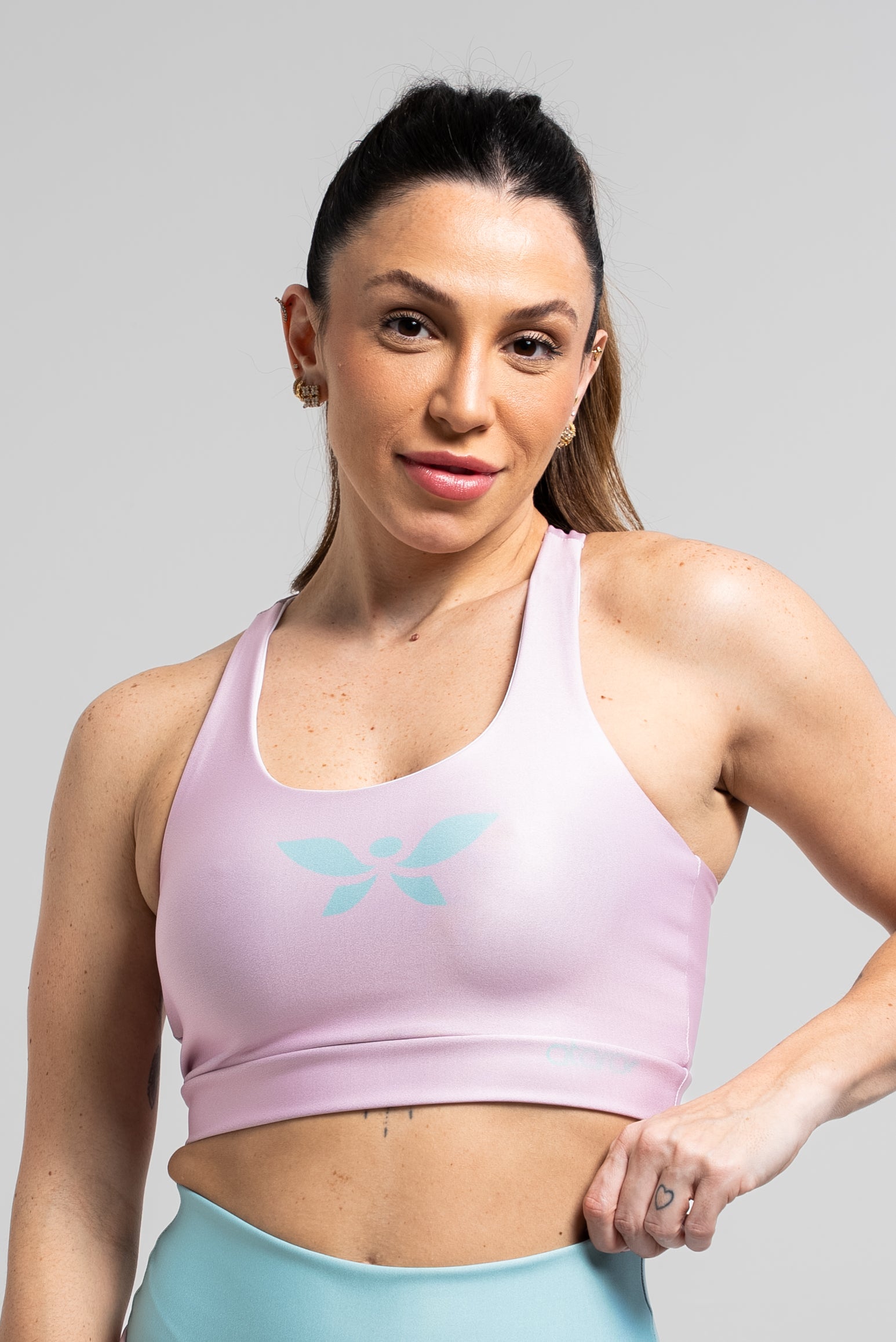 Top Estampa Localizada Verde Água Poá Rosa - atarafitness